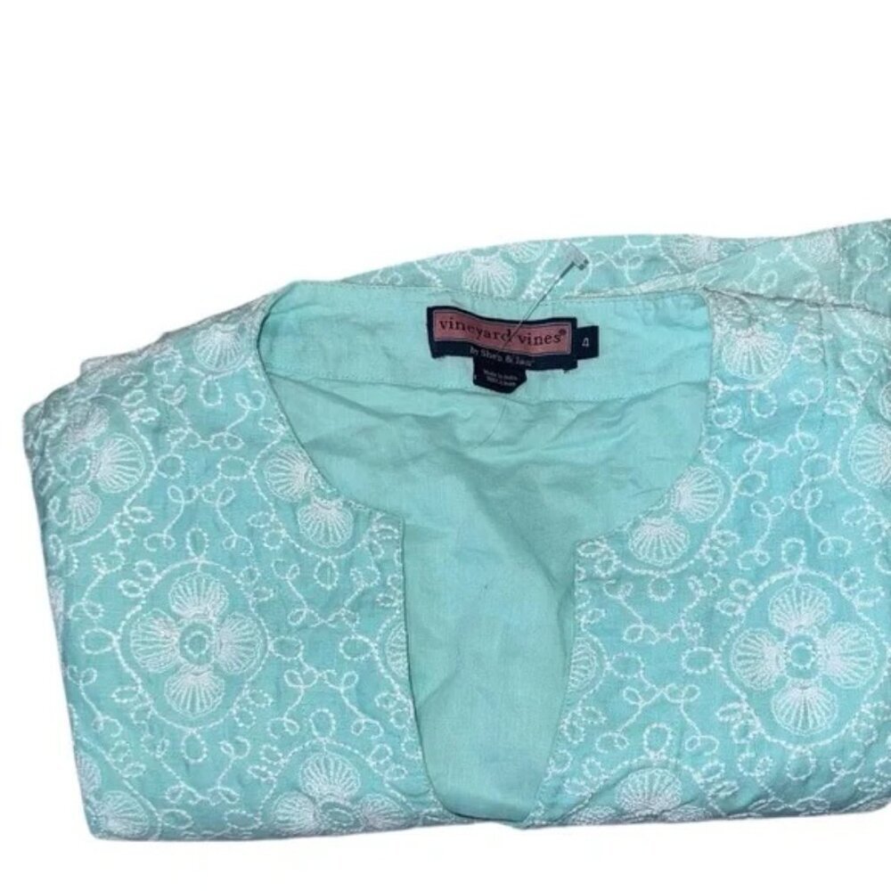 Vineyard Vines Womens Al Fresco Dress Size 4 Aqua 100% Linen Embroidered - Picture 7 of 7